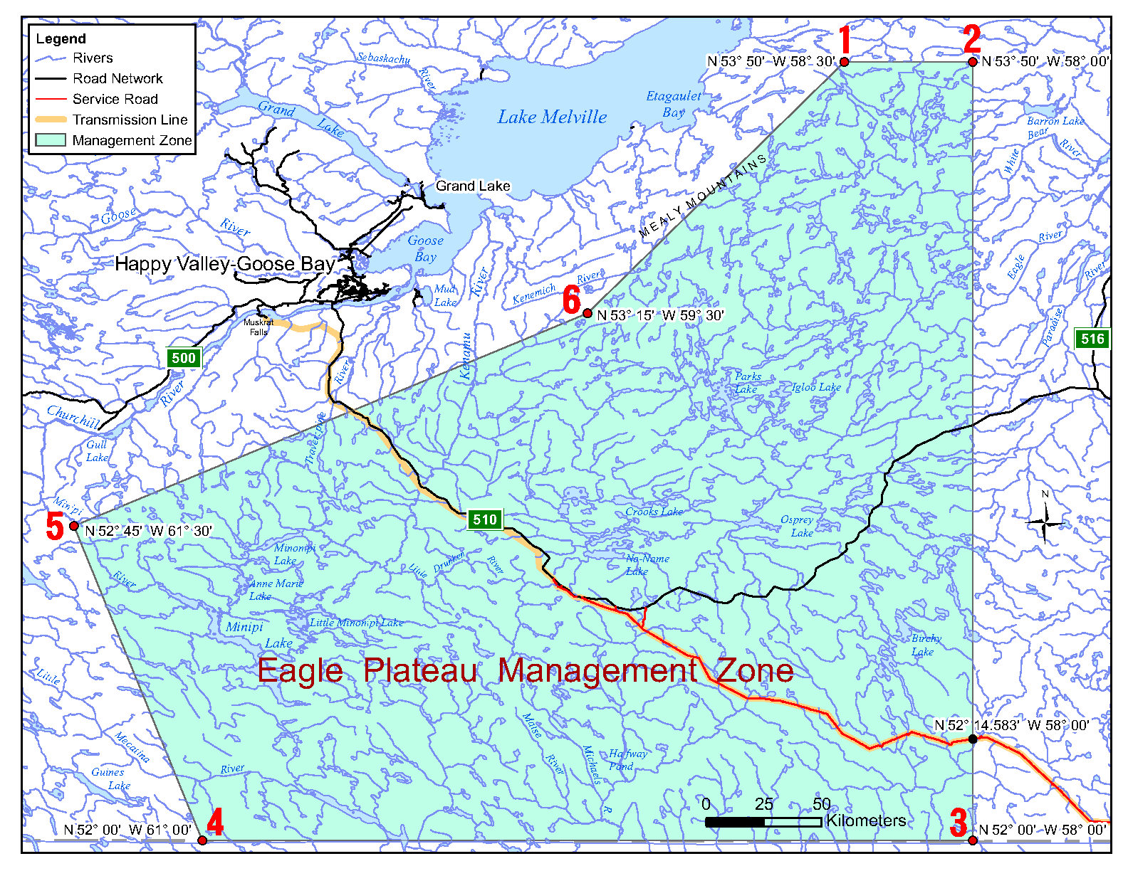 Eagle Plateau Management Zone Map Map showing the boundaries of the Eagle Plateau Management Zone which is located in Labrador. The Eagle Plateau Management Zone is bordered by the following coordinates.
