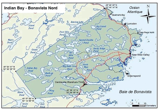 Carte : one spéciale de gestion de la truite du bassin versant de la baie Indian – Bonavista Nord.